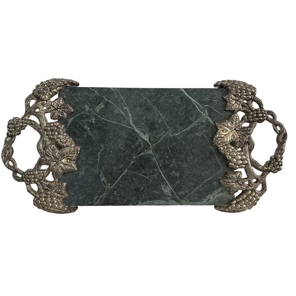 VTG‎ Grapevine Godinger Silver Art Co Green Marble Cheese Charcuterie Board 18